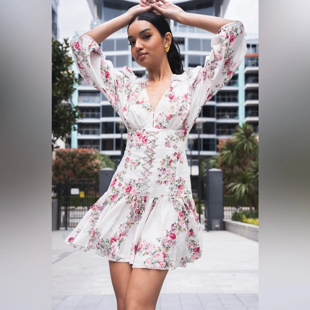 Zimmermann White Floral Mini Dress with Pink Roses - Picture 2 of 8